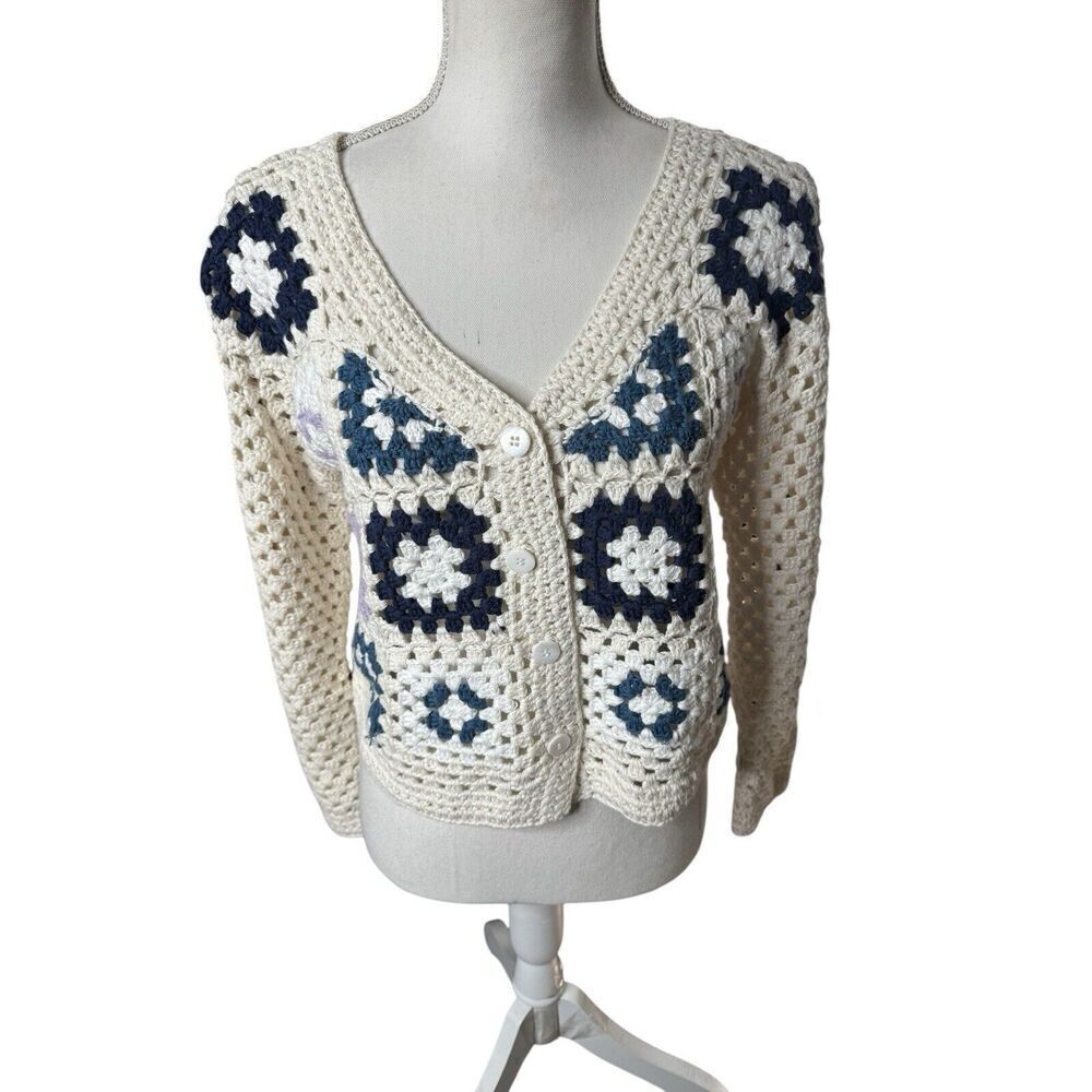 Aqua Crochet Knit Cardigan Shrug Size M Boho Festival Cottagecore Grandma